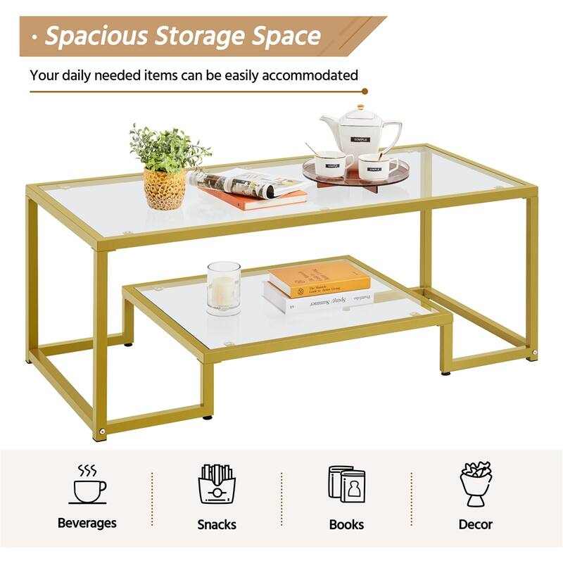 Yaheetech 42" 2-layer Coffee Table Tempered Glass Table with Storage