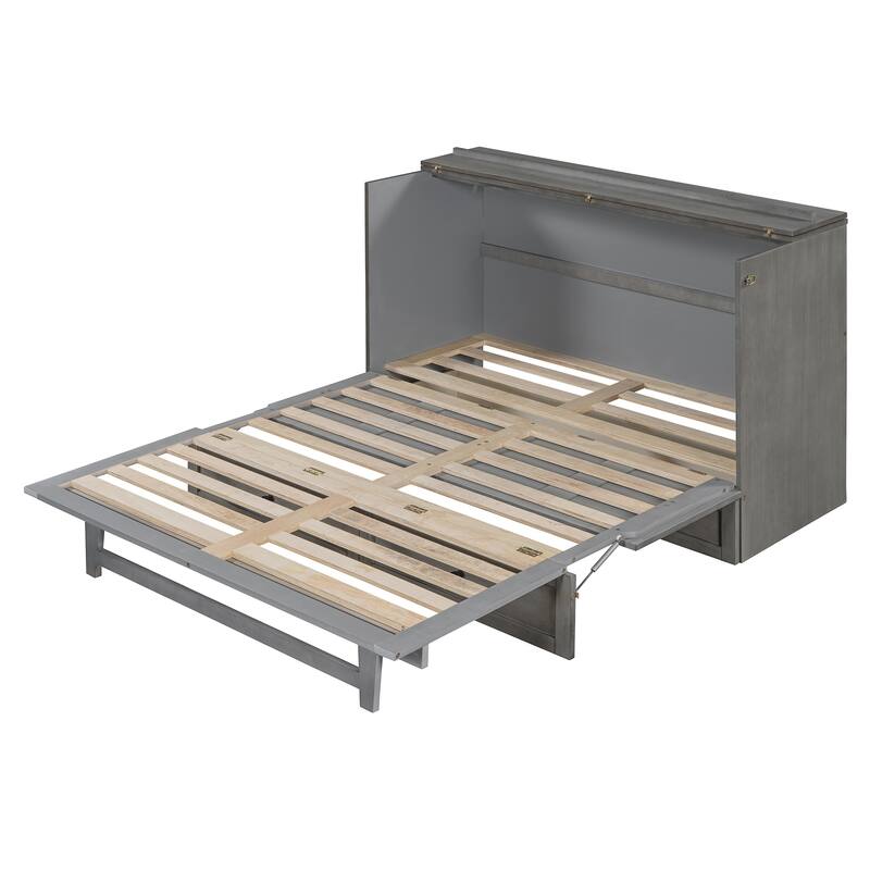 Queen Size Space-Saving Murphy Bed with Storage Drawers and USB Ports, Brushed Gray