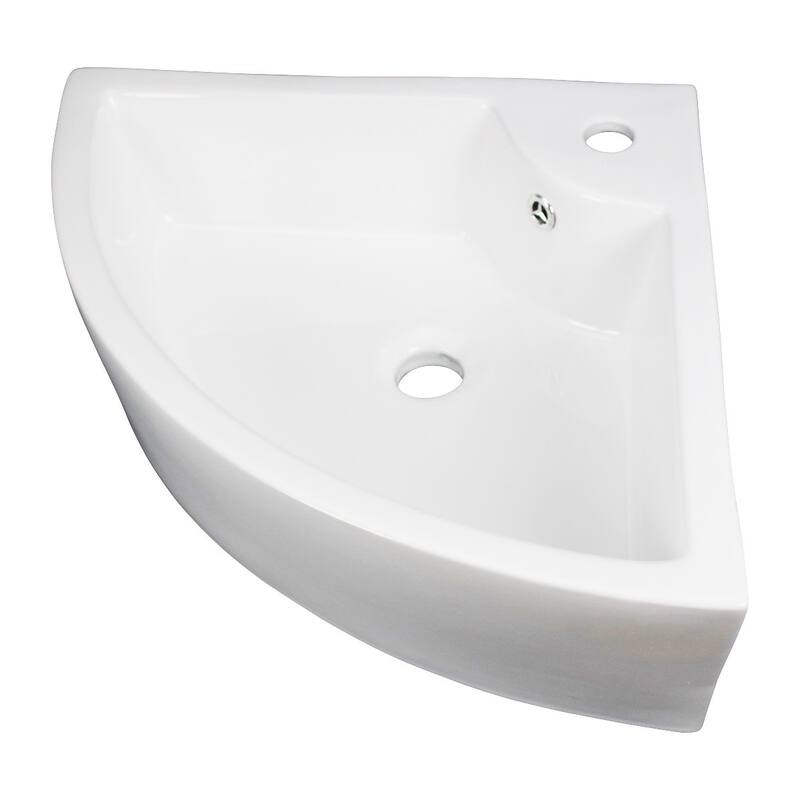 HUDSON White Ceramic Triangular Corner Bathroom Vessel Sink with Overflow and Single Faucet Hole - Cream