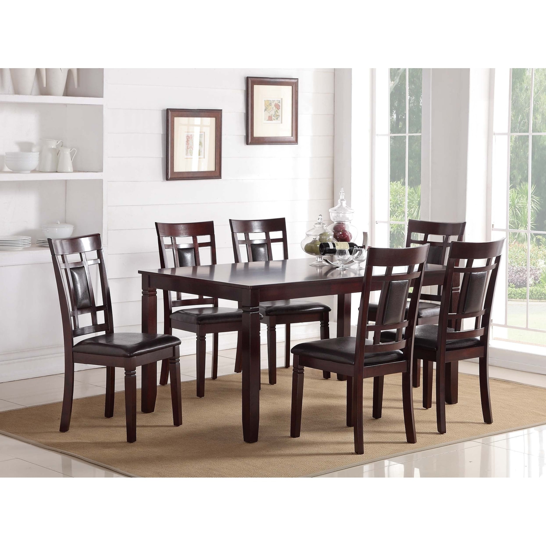 7pc Dining Table Set Padded Seat Cherry Finish Dining Room Furniture