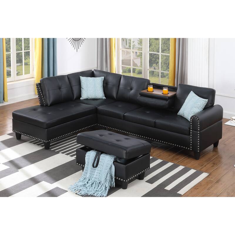 Faux Leather Sectional Sofa with Ottoman, Black - Multi-Color