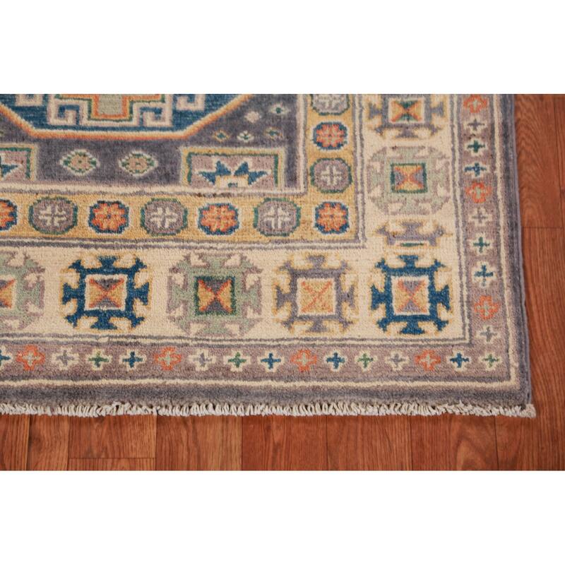 Geometric Kazak Foyer Rug Hand-Knotted Grey Wool Carpet - 2'9"x 3'10"