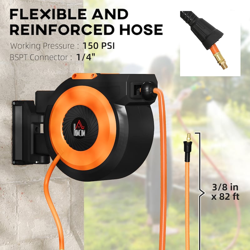 HOMCOM Retractable Air Hose Reel, Auto Rewind Air Compressor Hose Reel with Swivel Bracket - Black