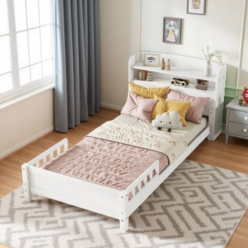 Twin Bed with Bookcase Headboard, Motion Sensor LED Light & Adjustable Guardrails, Solid Pine Wood Frame for Kids or Teens - White