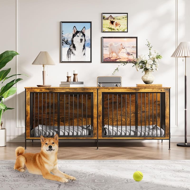 79" Heavy Duty Double Dog Crate Furniture for Medium/ Large Dogs - Brown