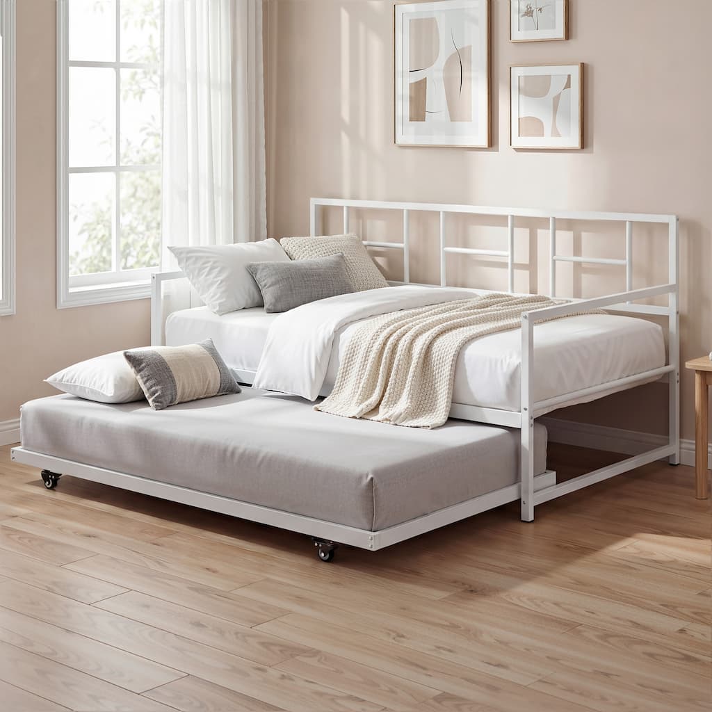 Moasis Twin Daybed with Pull Out Trundle, Metal Trundle Bed