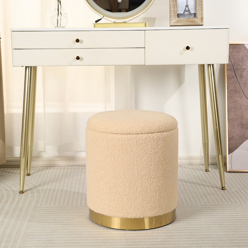 Adeco Velvet Round Storage Stool Gold Plating Base Storage Ottoman