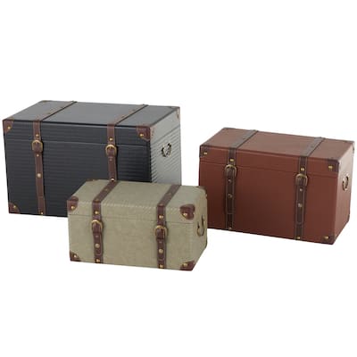 Wooden Vintage Studded Woven Storage Trunk with Brown Buckle Straps - Set of 3 Multi Colored - Roche River Decor