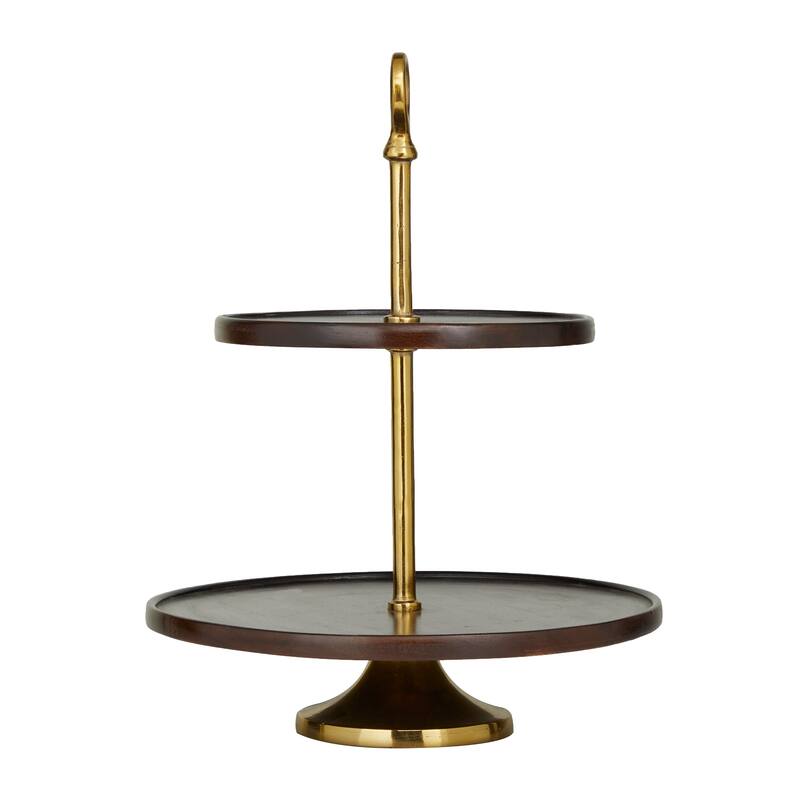 Dark Brown Mango Wood Tiered Server with Aluminum Bases or Gold Stand - 2 Tier or 3 Tier