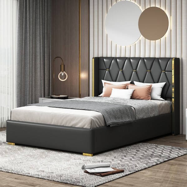 Full PU Leather Upholstered Platform Bed Frame w Metal Strips Black