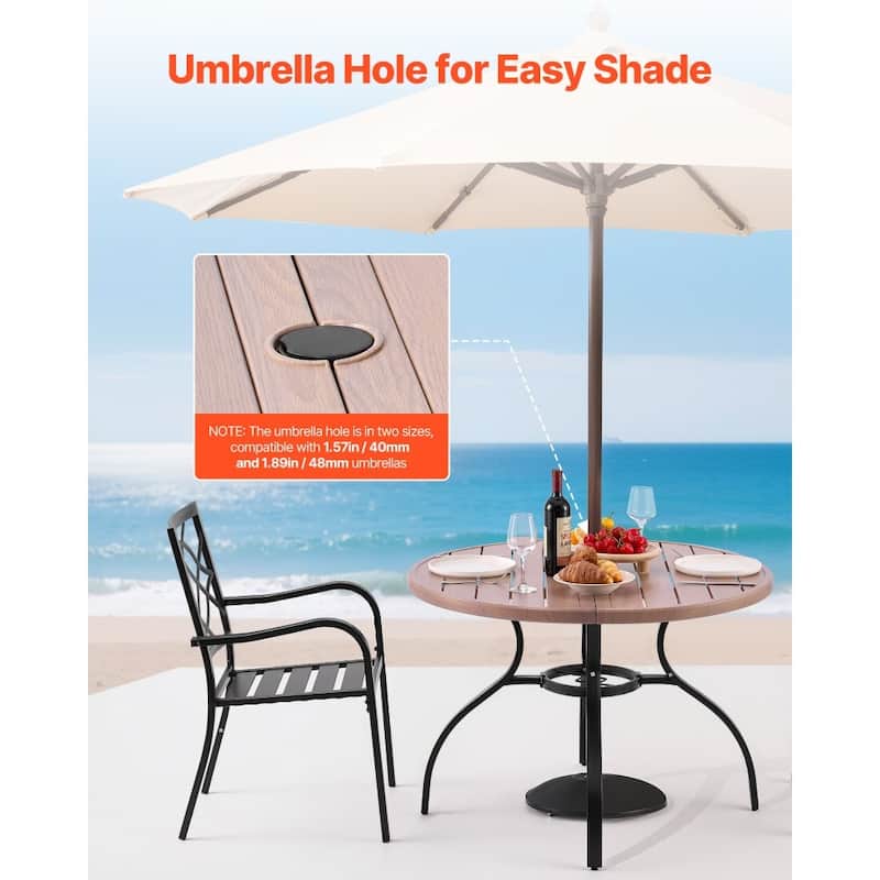 Outdoor Patio Dining Table Gray Wood Grain Carbon Steel Weather Resistant Backyard Bistro Table with Umbrella Hole - 41x28 in