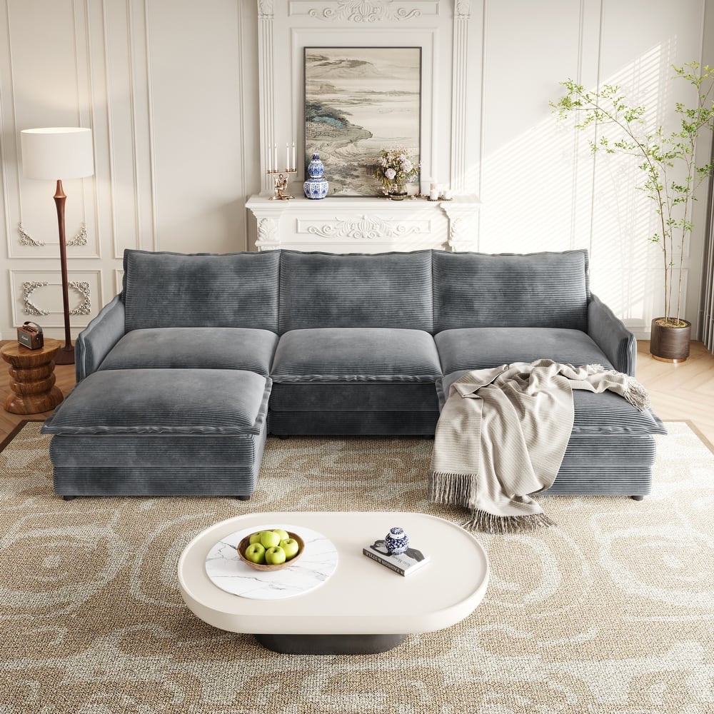Living Room U-shaped Sectional Sofa with Chaise Corduroy Fabric Upholstered Deep Seat 3 Seater Couch with 2 Ottomans