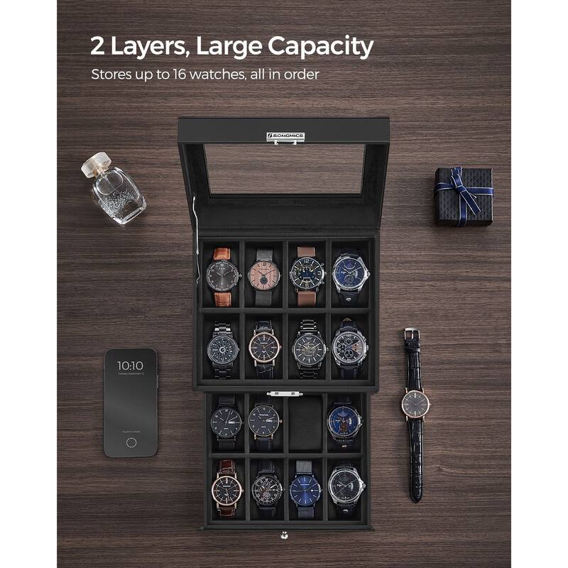 Classic Watch Storage Box with Two Layers and Multiple Compartments and Soft Velvet Cushioning