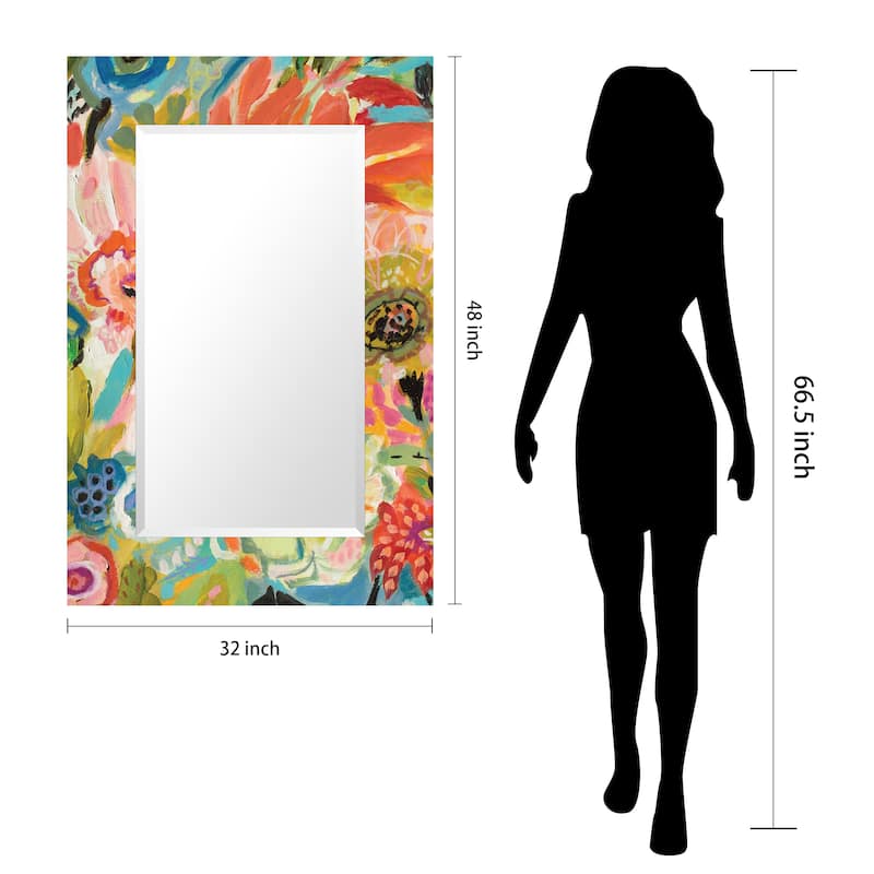 "Secret Garden Floral III" Rectangular Beveled Mirror on Free Floating Reverse Printed Tempered Art Glass - 48" x 32"
