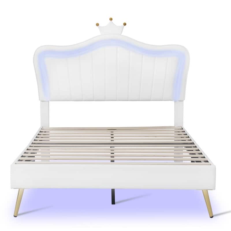Full Size Upholstered Bed Princess Bed with LED Lights,Crown Headboard