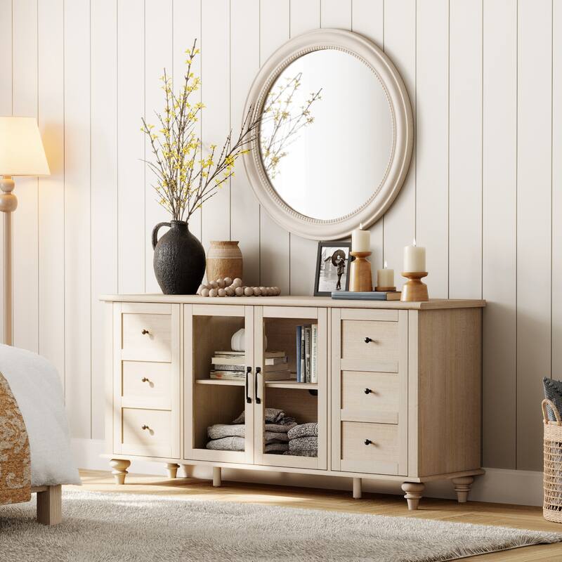 Farmhouse TV Stand for 65 Inch TV, Wood Console Table with Glass Door