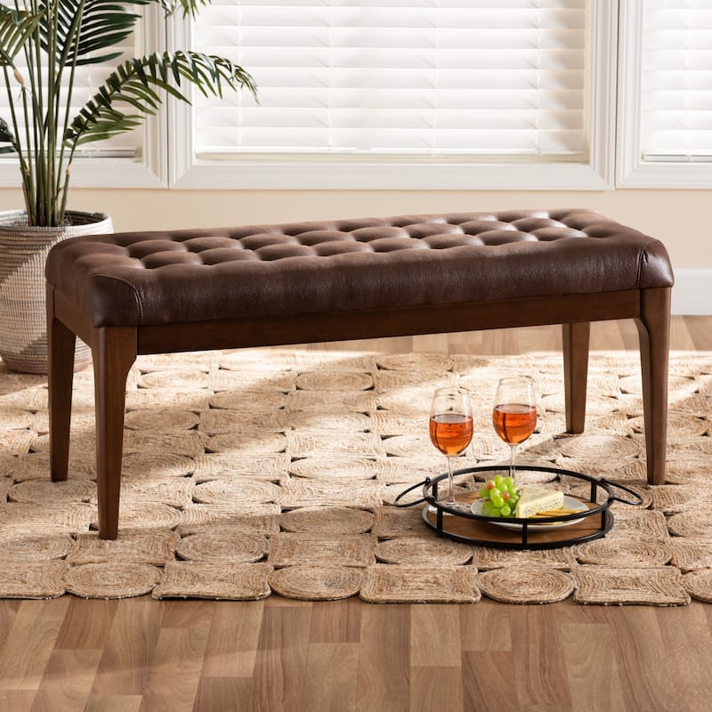 Walsh Mid-Century Modern Leather-Effect Polyester Upholstered Wood Dining Bench
