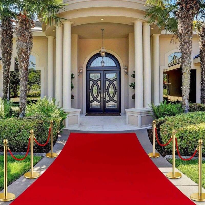 4 Stainless Steel Stanchion Posts w/3 Red Velvet Ropes,Gold Ball Top