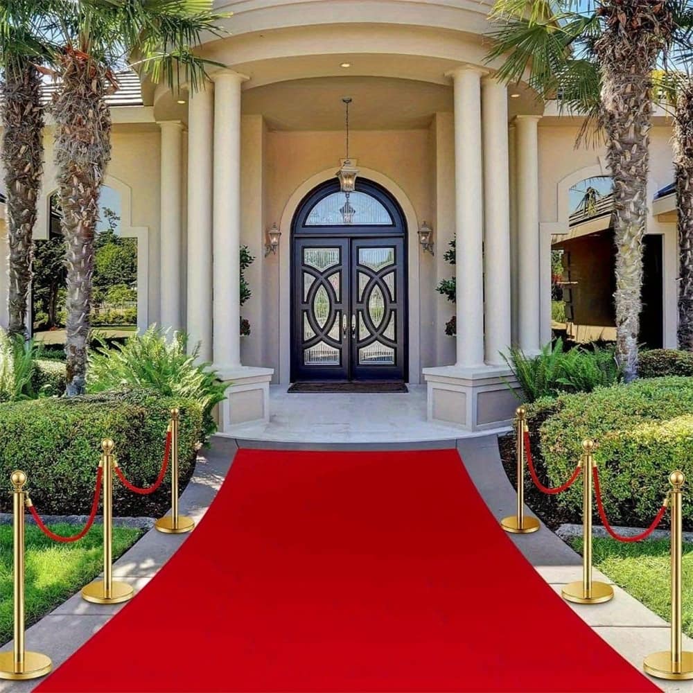 4 Stainless Steel Stanchion Posts w/3 Red Velvet Ropes,Gold Ball Top