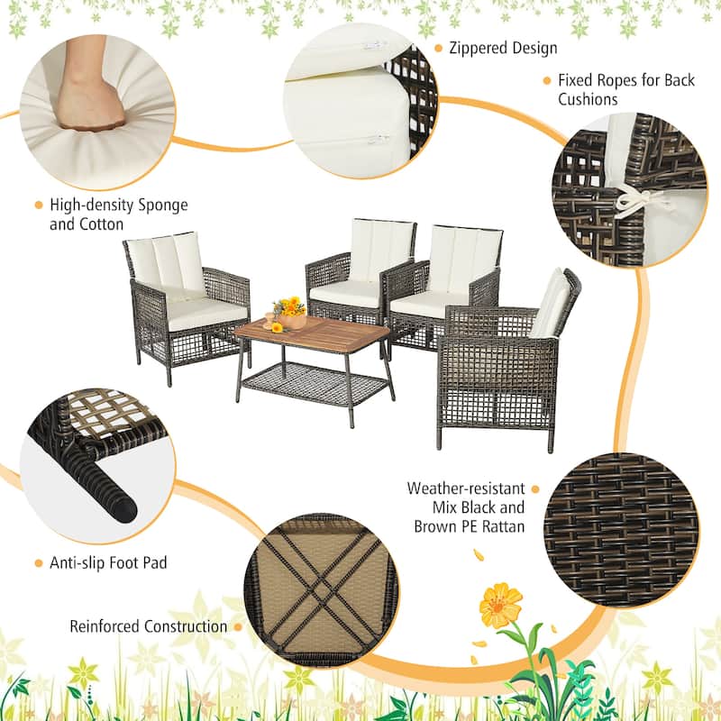 Costway 10PCS Patio Rattan Furniture Set Cushioned Sofa Armrest Wooden