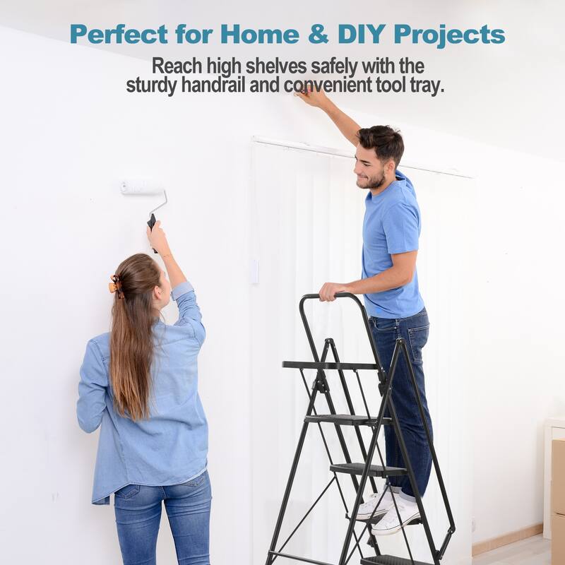 Anmytek Heavy Duty Folding Step Ladder with Built In Tool Tray and Foldable Handrail Non Slip Rubber Feet