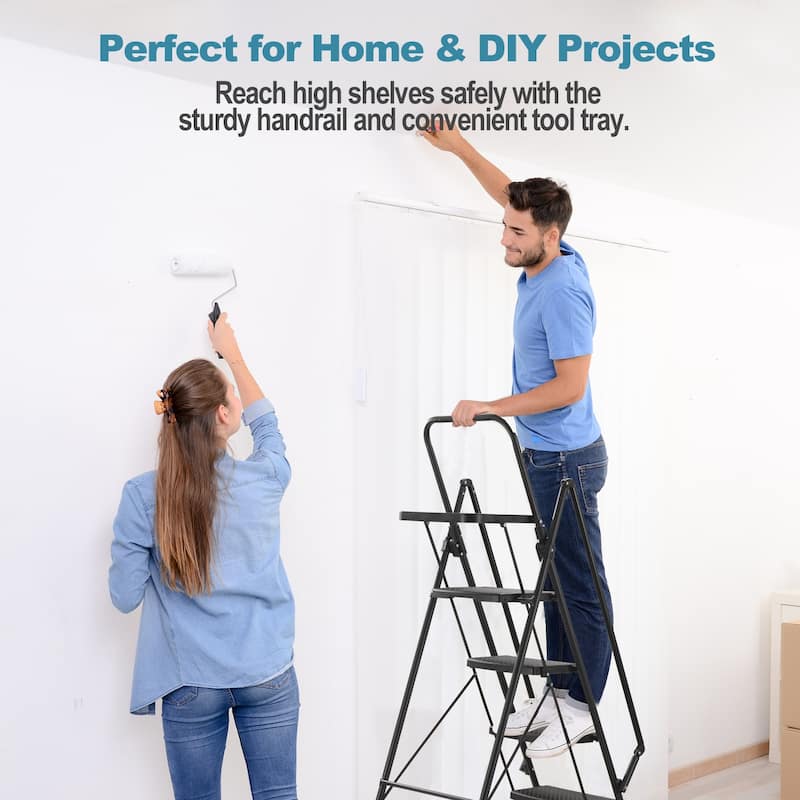 Folding step stool with bandwidth anti slip pedals and tool trays, lightweight and portable step stool, sturdy steps (6 levels)