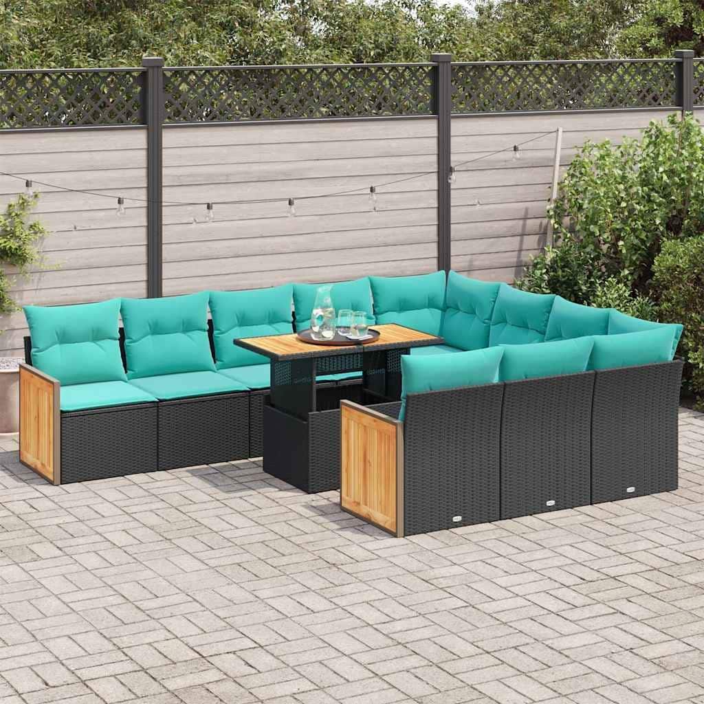 vidaXL 11 Piece Patio Sofa Set with Cushions Black Poly Rattan Acacia - 24.4 x 24.4 x 27.2