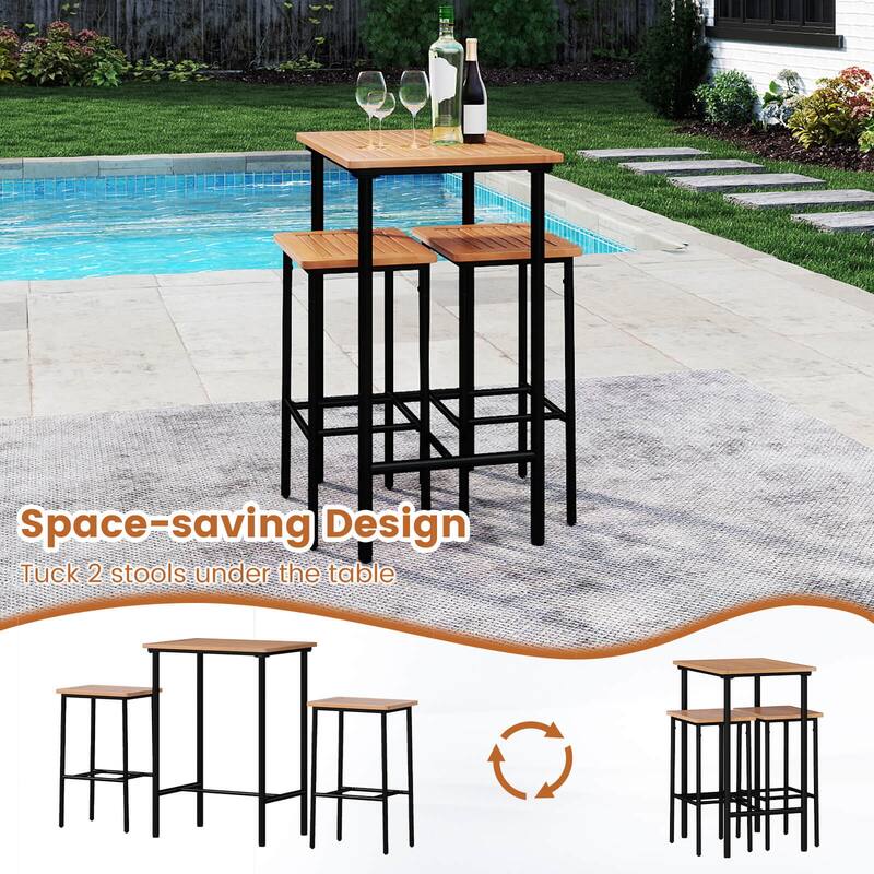 Costway 3 PCS Acacia Wood Patio Bar Set, Outdoor Bar Height with Metal - See Details
