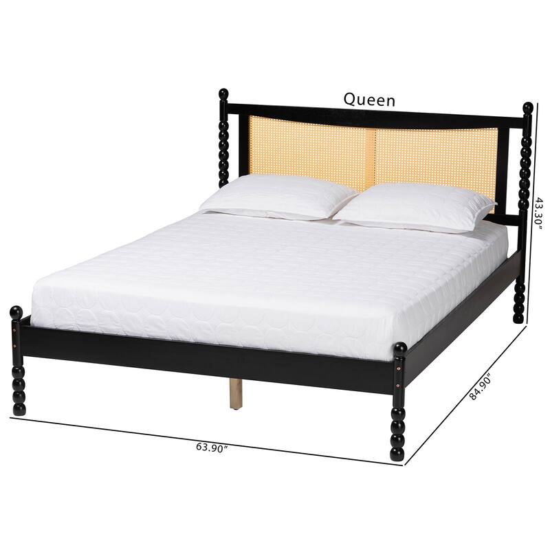 Okena Mid-Century Modern Black Wood Queen Size Platform Bed with Woven Rattan