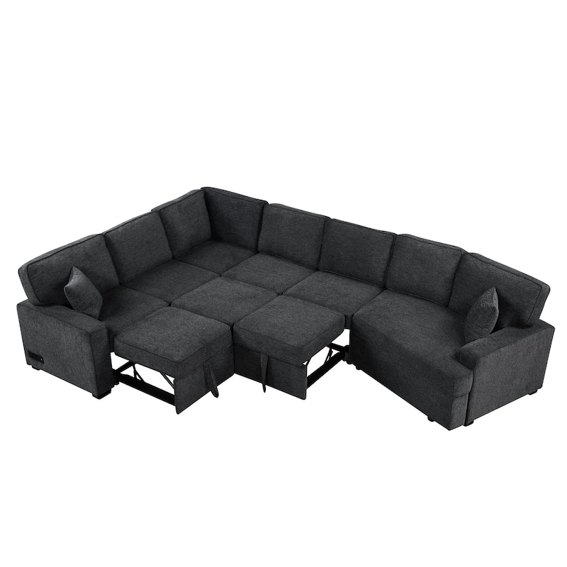 126" Chenille L-Shaped Sectional Sofa Bed with USB Charging and Drop-Down Bed