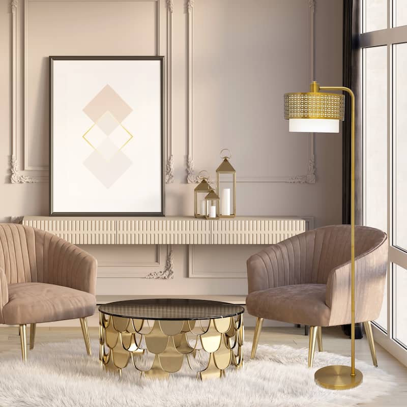 Eliza River of Goods Gold Metal and Fabric Two-Piece Shade 65.25-Inch Floor Lamp - 15.5" x 12" x 65.25"