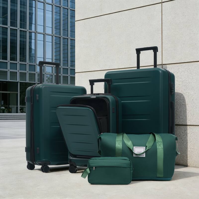 Luggage Sets 5 Piece with Front Opening, Hardside Expandable Carry On Suitcase Set with Double Spinner Wheel with USB Port