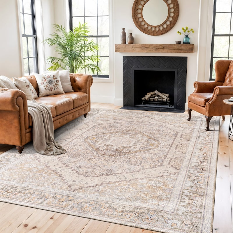 Medallion Flat Pile Washable Area Rug, Pet Friendly & Non-Slip - 7'7" x 9'6" - Beige