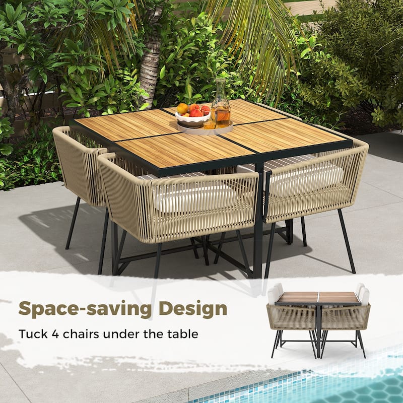 Light Brown Wicker Wood 5 Piece Patio Dining Set with Cushions - Dining Table: 43.5" x 43.5" x 29"