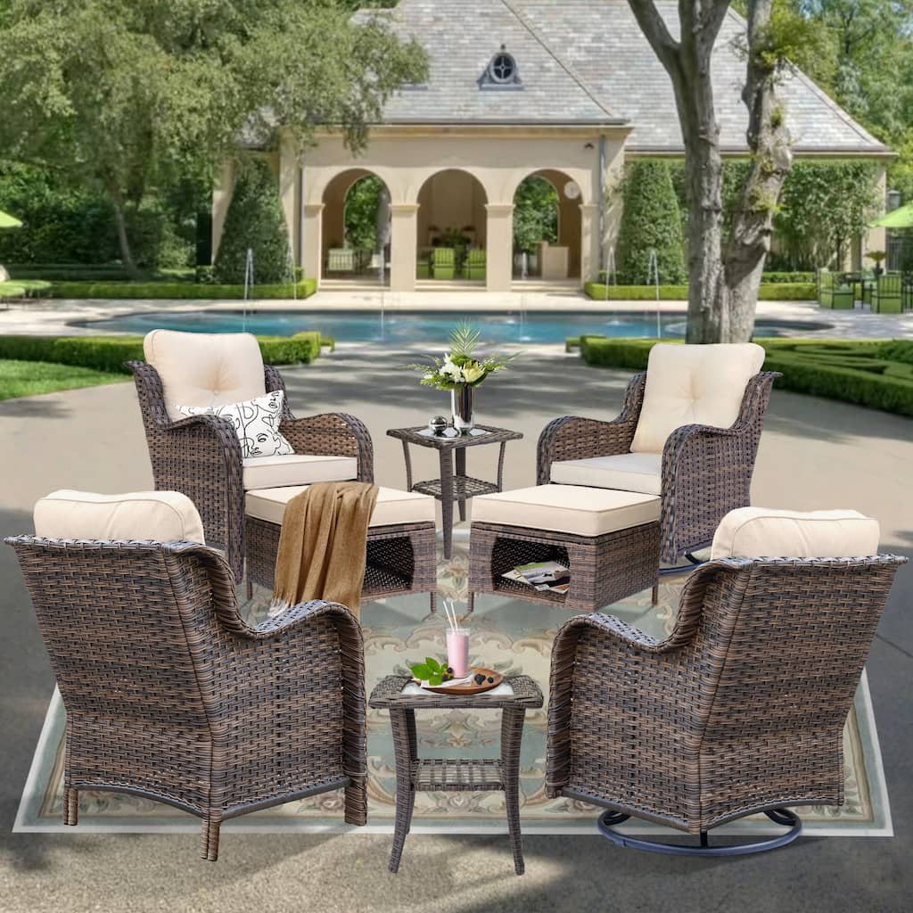 Brown Wicker Outdoor Patio Furniture Seating Sets with Beige Cushions