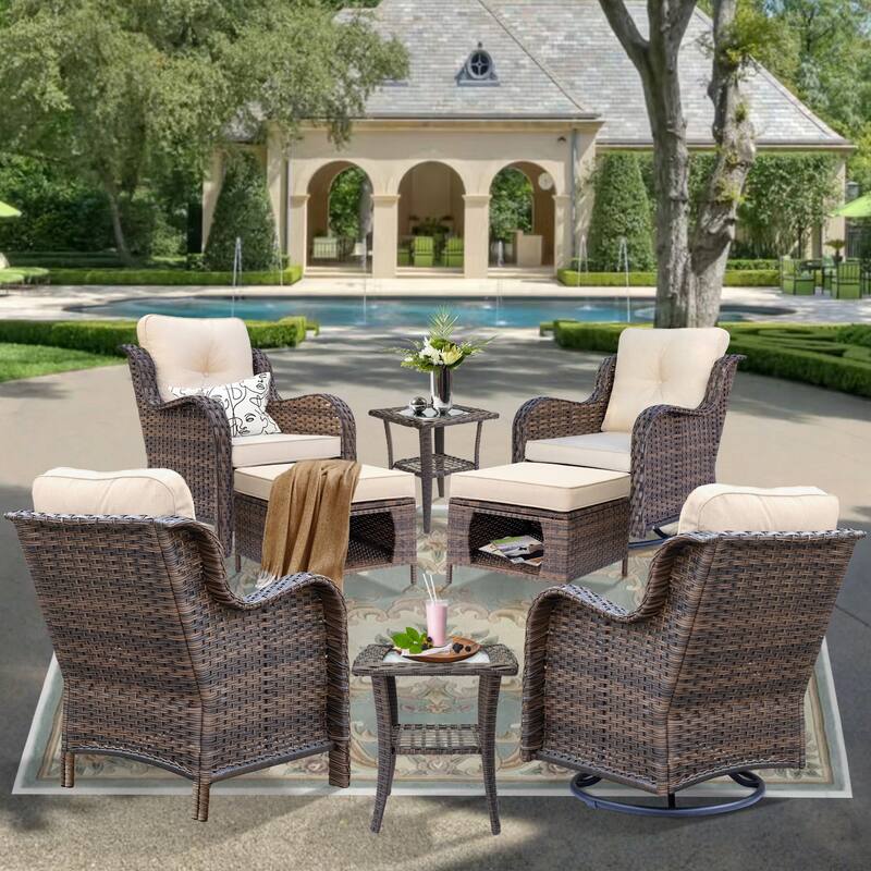 Brown Wicker Outdoor Patio Furniture Seating Sets with Beige Cushions - Beige - 8 Piece