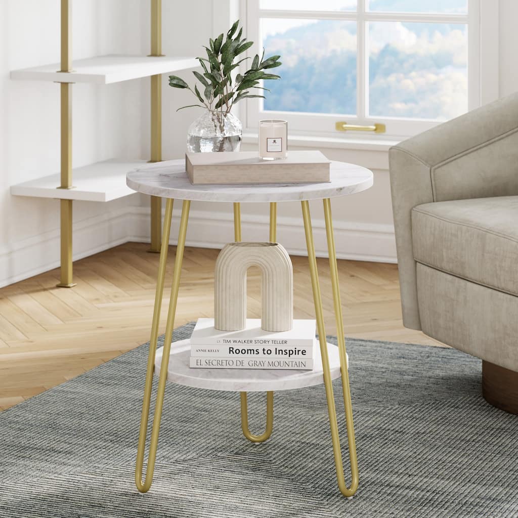 Nathan James Ashley White Round Marble End or Side Table with Brass Hairpin Legs and Storage Shelf