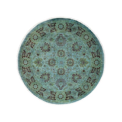 Overton Hand Knotted Wool Vintage Inspired Modern Contemporary Overdyed Blue Round Area Rug - 4' 1" x 4' 1"