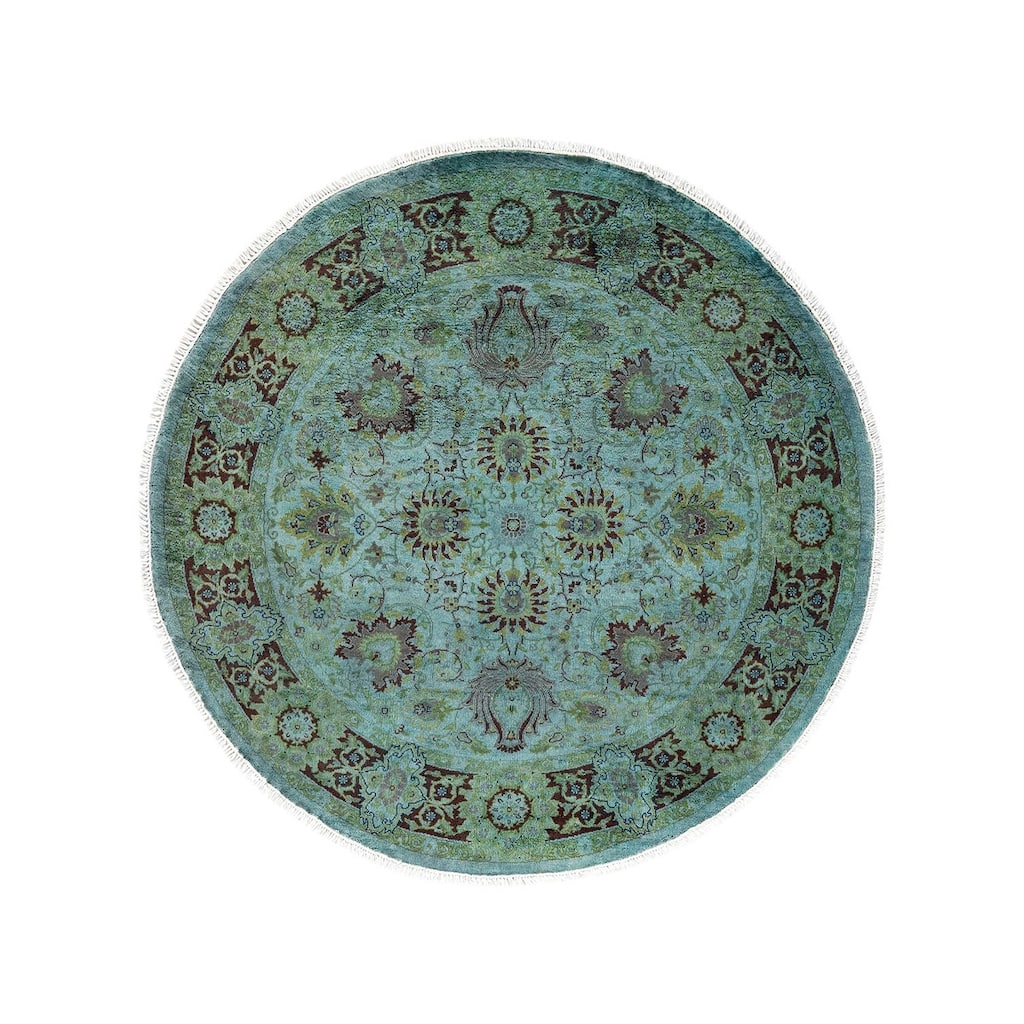 Overton Hand Knotted Wool Vintage Inspired Modern Contemporary Overdyed Blue Round Area Rug - 4' 1" x 4' 1"