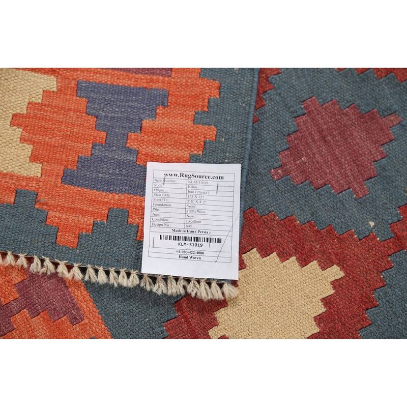 Geometric Blue Flat Weave Kilim Persian Rug Hand-Knotted Wool Carpet - 4'2"x 5'8"