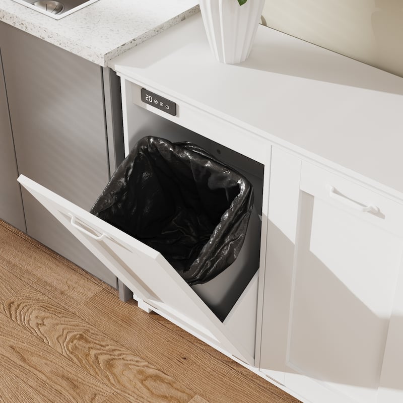 Ozone Deodorizing Trash Bin Cabinet Trash Cabinet, Wooden Kitchen Garbage Bin Storage Cabinet with Hidden Bins, White