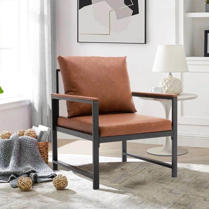 PU Leather Armchair, Modern Retro Leisure Reading Accent Chair with Soft Cushion and Mental Frame for Living Room, Office