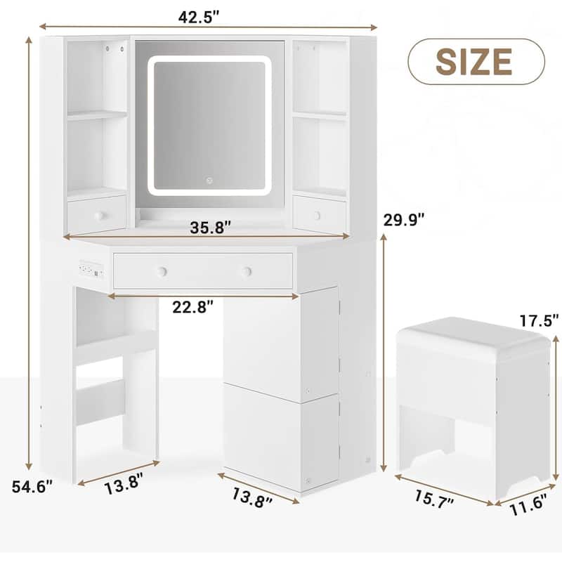 Corner Vanity Desk with Lighted Mirror Drawers Shelves Storage Stool