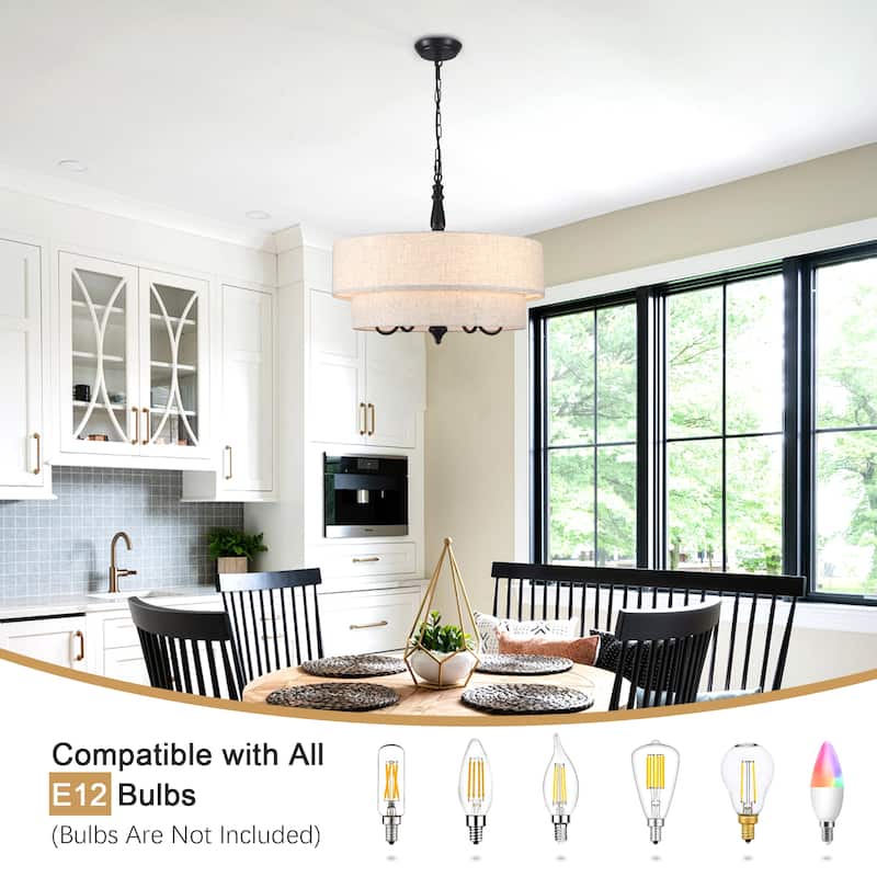 21.25-inch 5-light elegant retro metal chandelier with double-layer fabric lampshade and adjustable height
