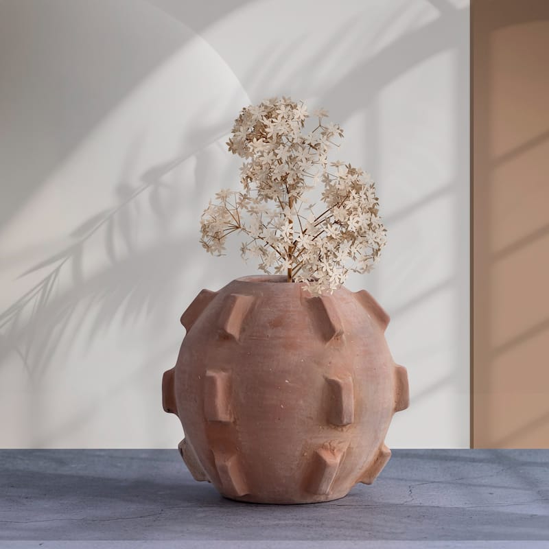 Globe Shaped Sculpted Terracotta Vase - 6.5" - Brown