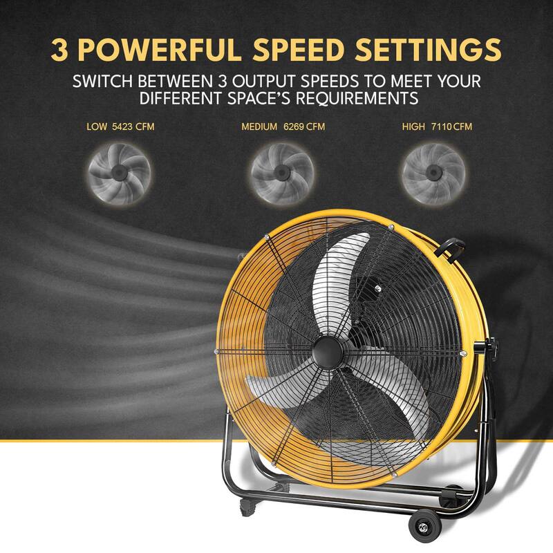 30 in 3 Speed Yellow Heavy Duty Metal Industrial Drum Fan, Air Circulation