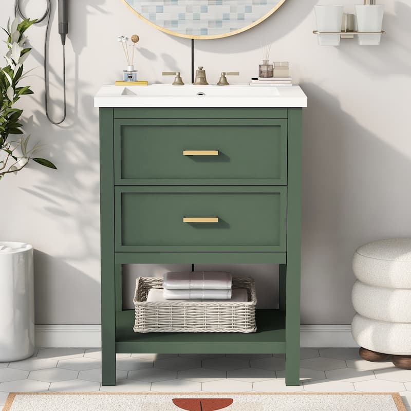 24" Bathroom Vanity with Top Sink and 2 Drawers - Green