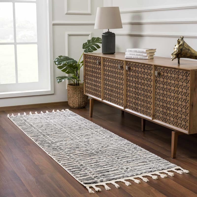 Hauteloom Azana Living Room, Bedroom Area Rug - Farmhouse - High Pile - Bone,Black - 5'3" x 7'