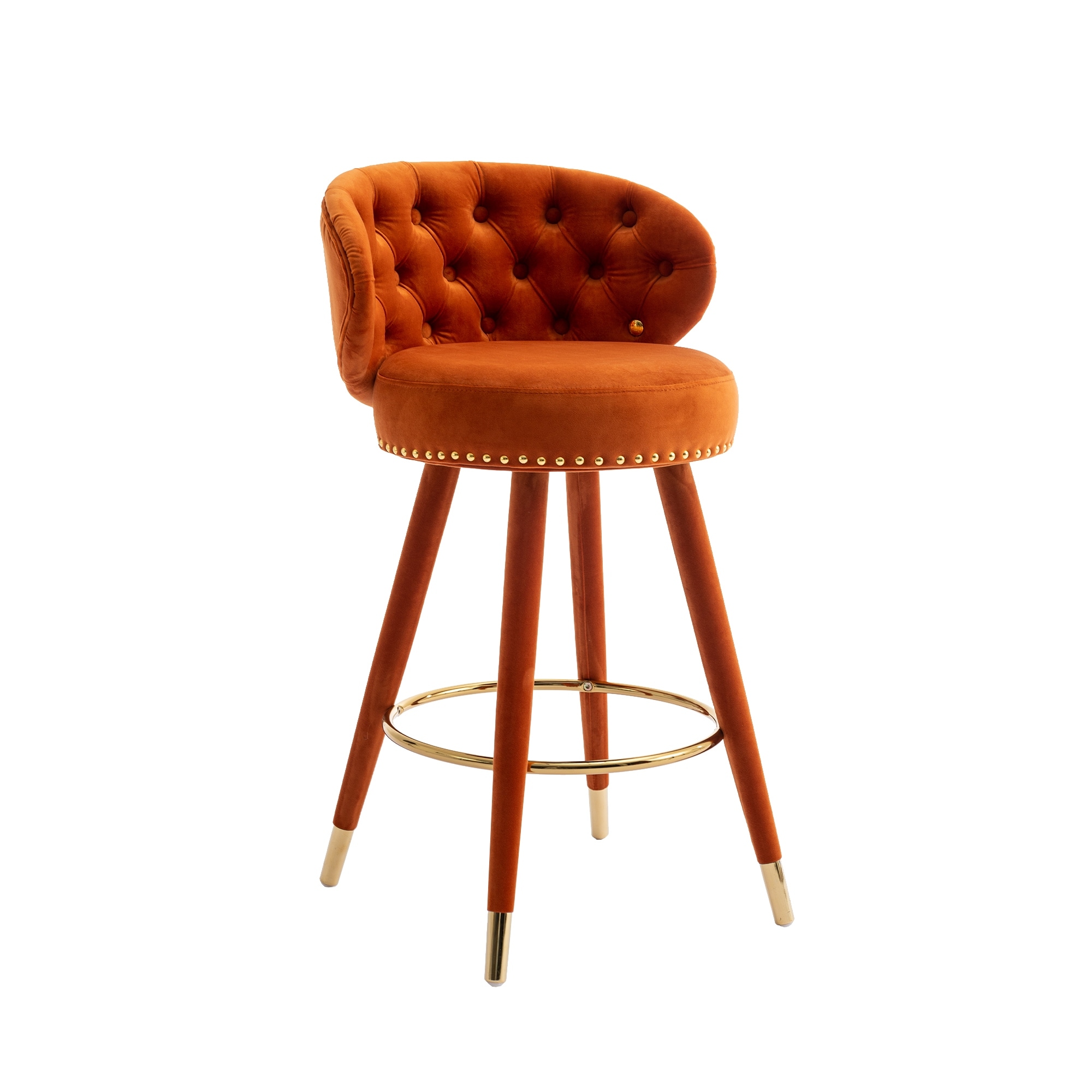Orange Velvet Barstools Set of 2 Counter Height Bar Stools Button