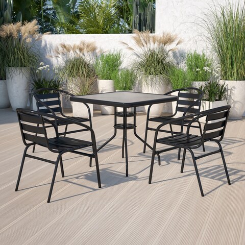 31.5" Square Glass Metal Table with 4 Metal Aluminum Slat Stack Chairs